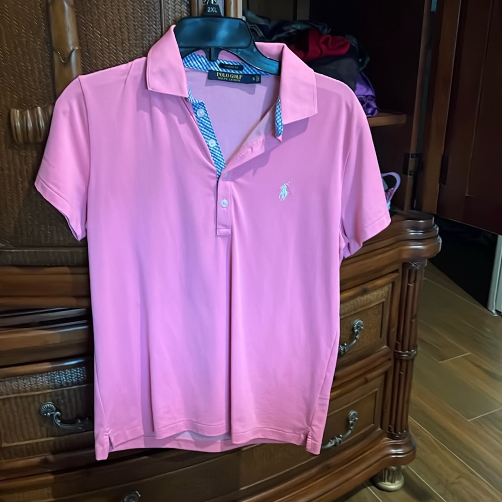🔴 LAST CHANCE! Pink Ralph Lauren SZ SM Ladies Polo with Blue Gingham detail.